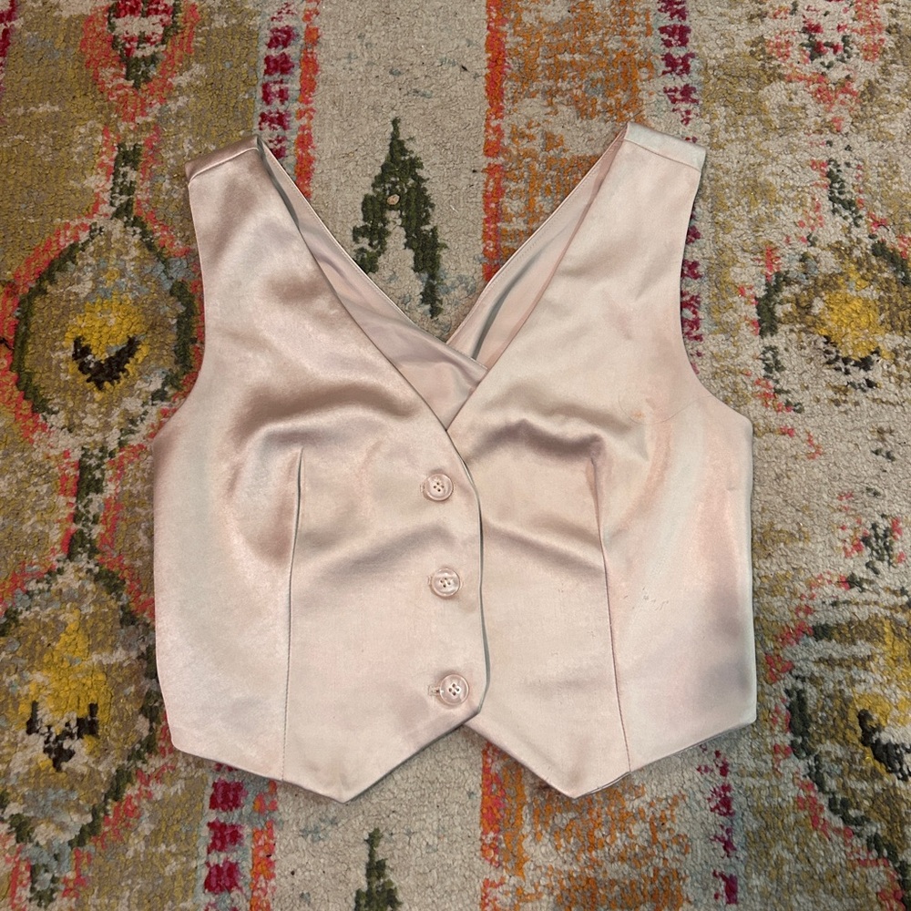 Champagne Cream | Satin | Cropped Button Front Vest | Size M - Picture 6 of 9